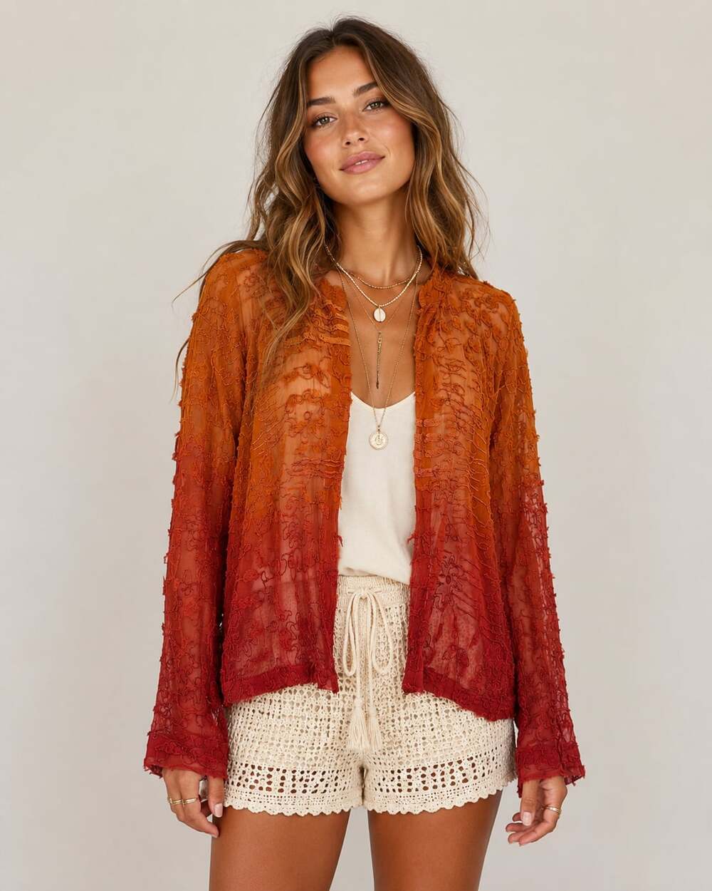 Chico’s 100% Silk Ombre Embroidered Sheer Open Front Cover up Cardigan Size 3